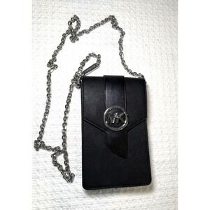 Michael Kors Saffiano Leather Phone Crossbody Wallet On Chain Silver MK Logo